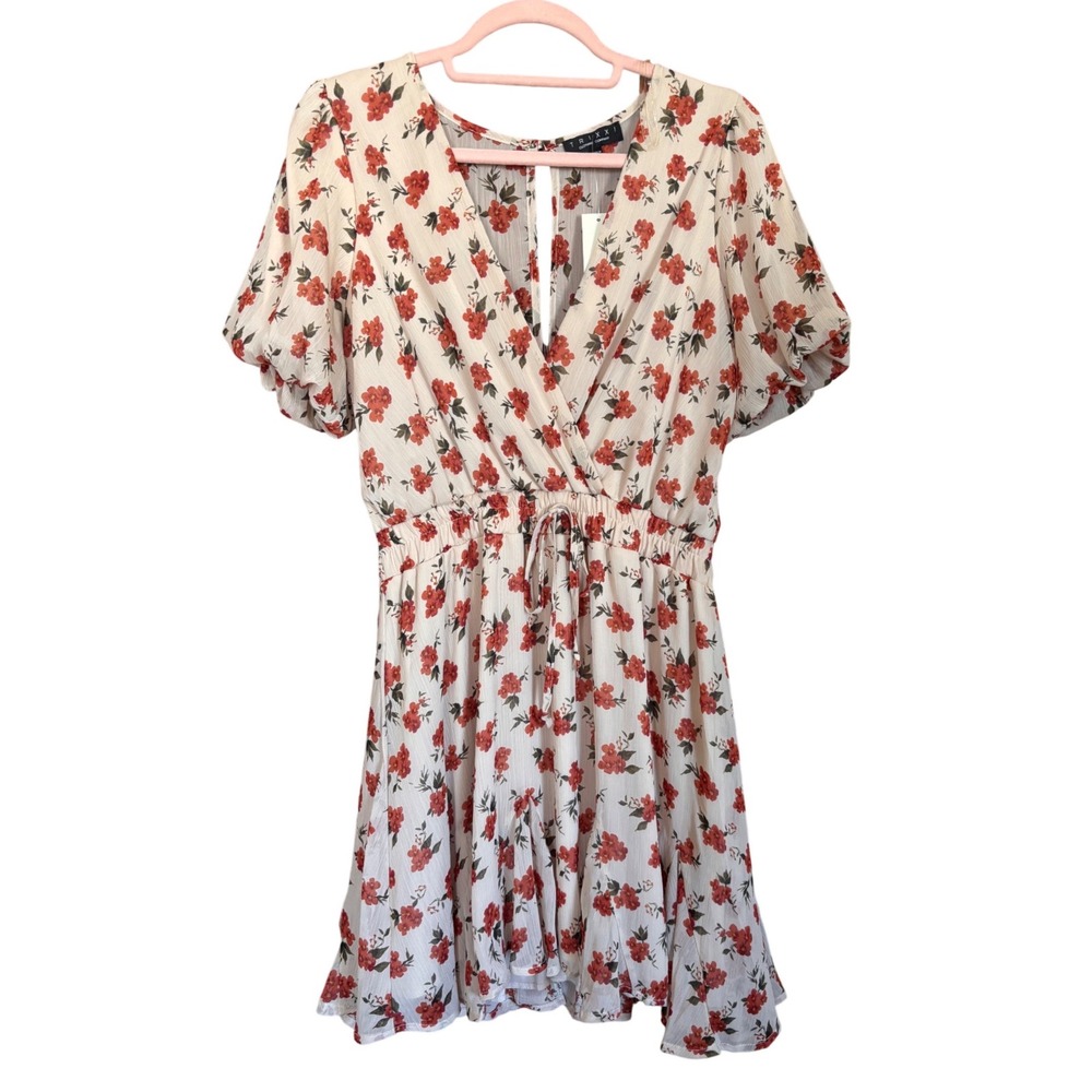 Trixxi Francescas Red Floral Mini‎ Dress Cream V-Neck Ruffle Flutter Sleeve M